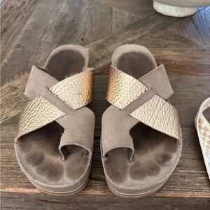 Brown and Gold Cross Strap Sandals
